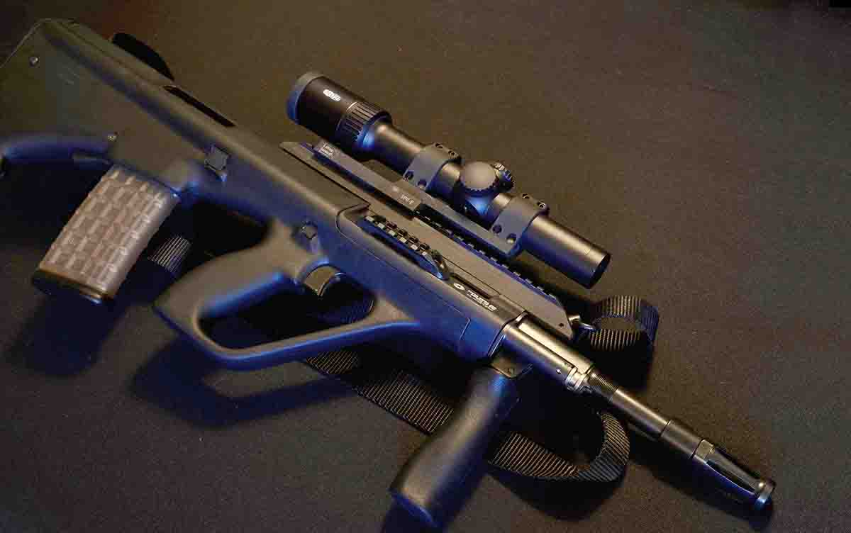 The AUG/A3 is fitted with a Meopta Meostar 1-6x 24mm RD in a LaRue Tactical SPR-E detachable mount.